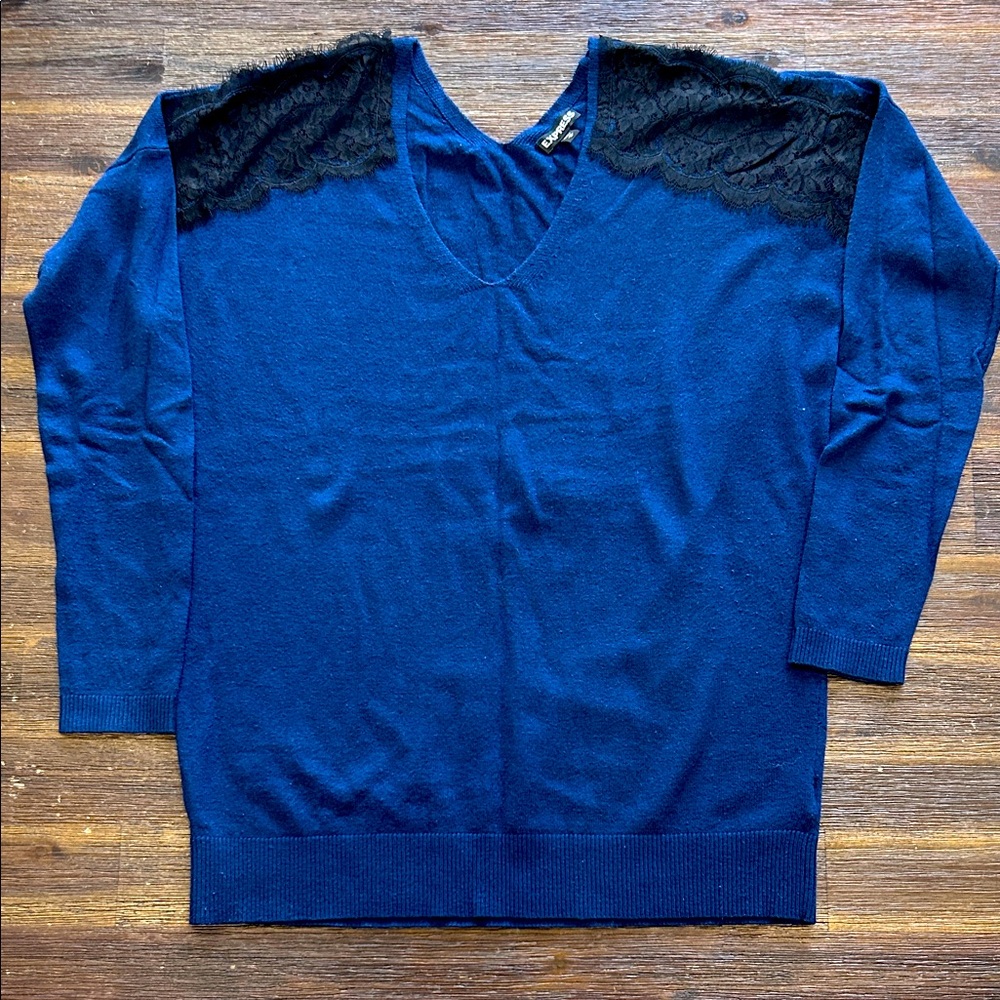 Express Navy V-Neck Sweater with Black Lace Size M